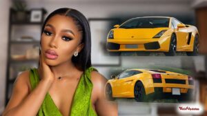 Image of BBNaija Mercy Eke and yellow Lamborghini car