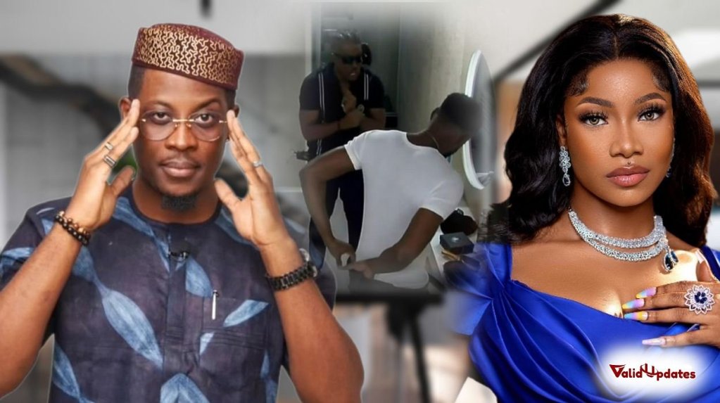 Images of BBNaija Seyi (left), Tacha (right), Seyi, and Adekunle in a discussion (middle)