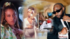 Images of Amanda (left), pregnant Amanda (middle), newborn baby (middle) and Davido (right)