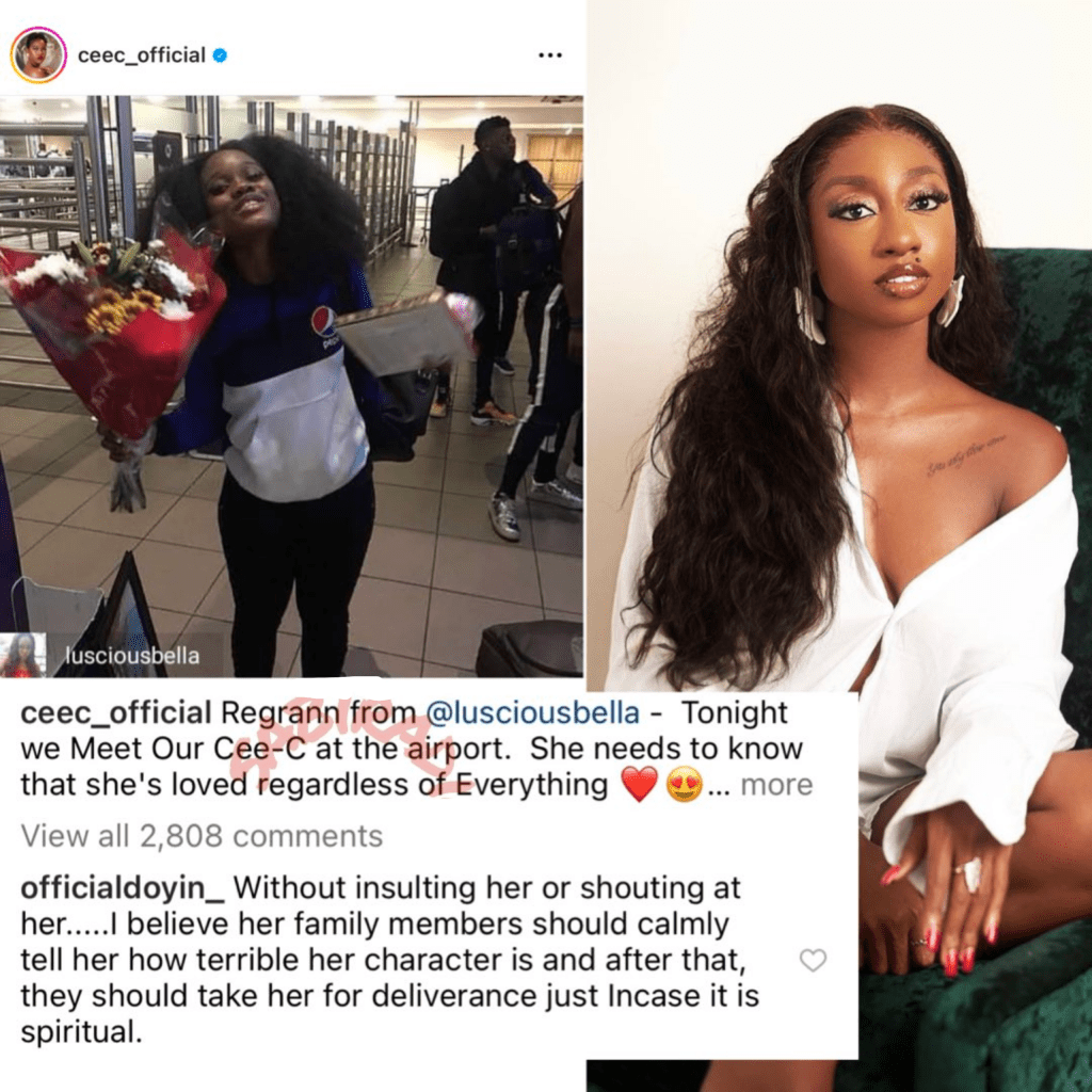 The comment about Cee C by Doyin. (Photos of Cee C and Doyin)