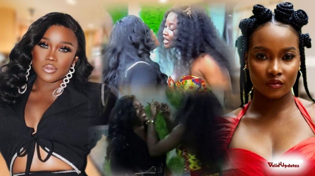 Images of BBNaija stars Cee C (left) and Ilebaye (right). Images of Cee C and Ilebaye's fight (middle)