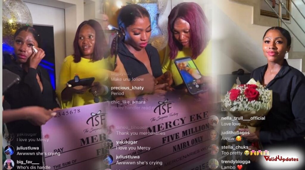Images of BBNaija Mercy Eke and her supporters, plus N5m cheque