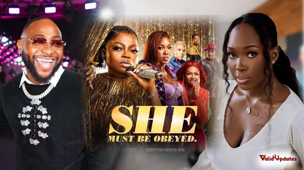 Images of singer Davido and BBNaija star Vee. Poster of the movie, “She Must Be Obeyed”.