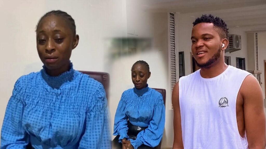 Sekyen Ariya crying while narrating her ordeal. Zfancy standing in front of a house.
