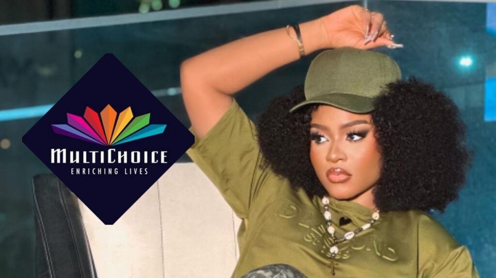 BBNaija star Phyna sitting and leaning her right hand on her head. Multichoice logo (left)