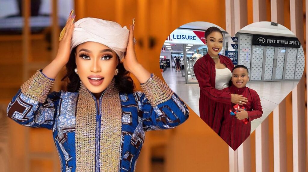 Tonto Dikeh posed in a shoot with her both hands on the head. Tonto posed in front of a shopping complex with her son King Andre.
