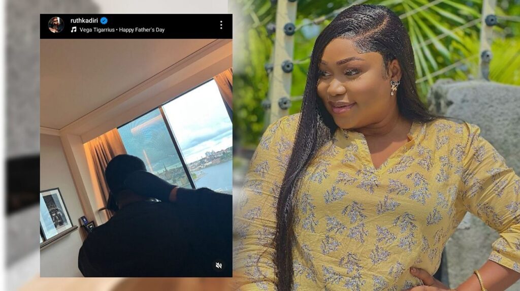 Ruth Kadiri standing with her left hand on the waist (right). Screenshot of Ruth's Instagram post (left) 