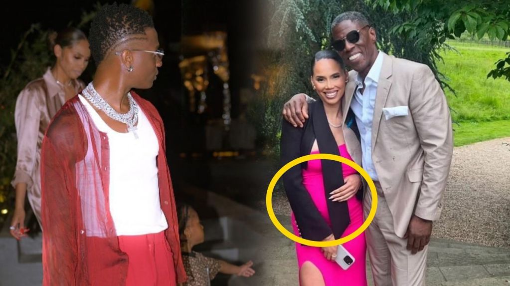 Wizkid holding his son Zion. Jada Pollock walks behind them. Jada P posed in a photoshoot with her dad