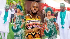 Mr Nwadoro December and Mrs Anawanti Divine dressed in traditional attire (left and right). Mr. Nwadoro dressed casually.