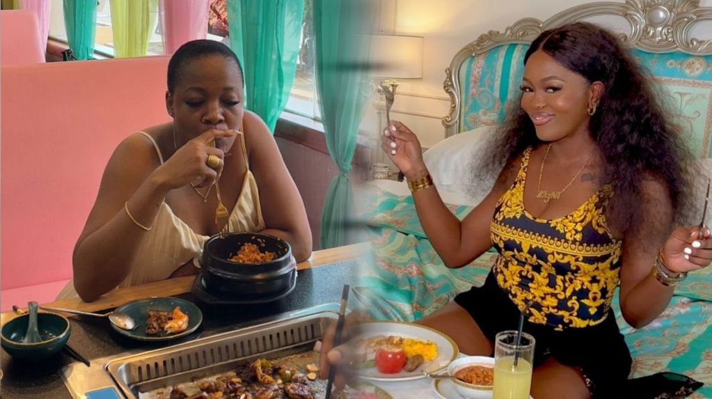 BBNaija stars Lucy and Ka3na sitting and having a meal together