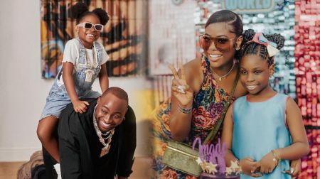 Davido backing his daughter Imade while on the floor with his knees and hands [first collage]. Sophia posed with Imade