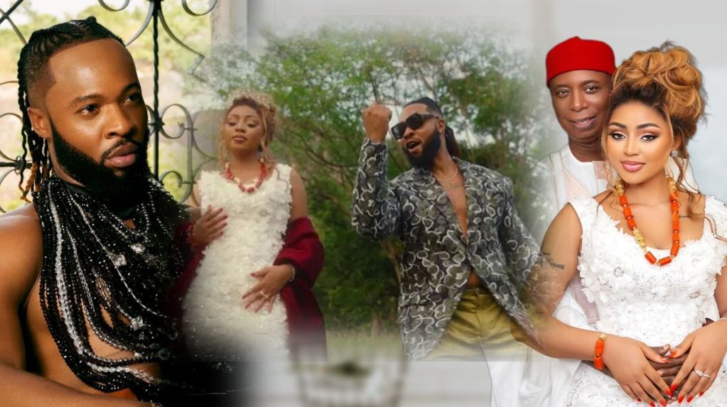 Flavour (collage one). Regina Daniels and Flavour during the music video shoot (collage two). Ned Nwoko posed with Regina Daniels in a photo shoot (collage three)