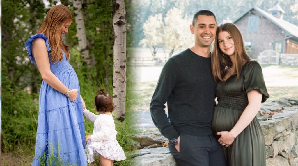 Jennifer Gates shows off her baby bump while holding her first child (first collage). Jennifer and her husband Nayel posed in a photo shoot with her baby bump.