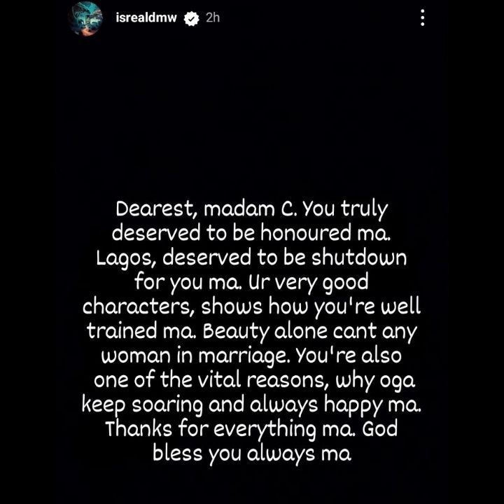 Isreal DMW's Instastory message to his boss Davido's wife Chioma