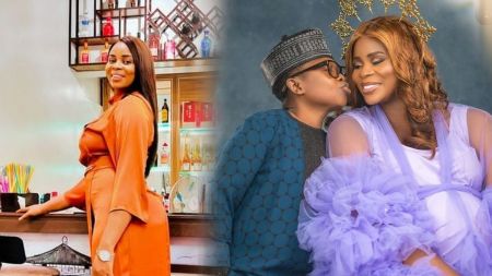 Chinedu Ikedieze posed in a shoot with his pregnant new wife.