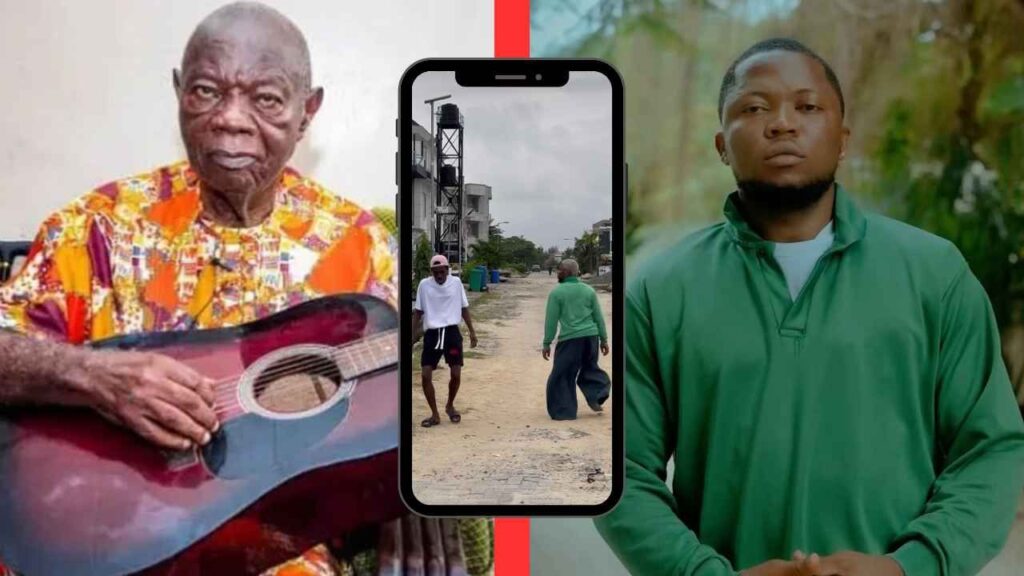 Mike Ejeagha holding an acoustic guitar [left]. Brain Jotter standing [right]. Brain Jotter and a colleague captured dancing to the viral song.