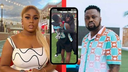 Nons Miraj and Egungun's headshots [left & and right. Nons Miraj and Egungun sharing intimate hug [middle]