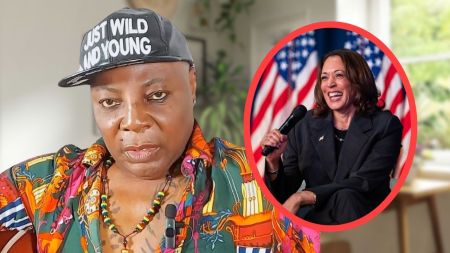 Headshots of Charly Boy and Kamala Harris