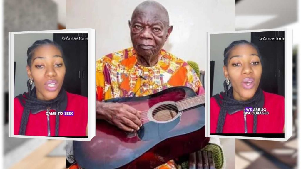 Headshots of Ama. Mike Ejeagha holding an acoustic guitar