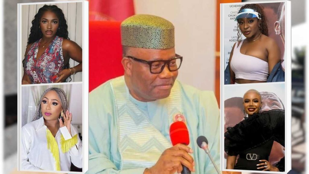 Headshots of Senator Godswill Akpabio, Actresses Ini Edo, Nancy Isime and Dakore Egbuson-Akande, and Chef Hilda Baci.