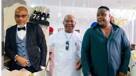 Cubana Chiefpriest posed with Imo State governor Hope Uzodinma [right]. Nnamdi posed in black suit.