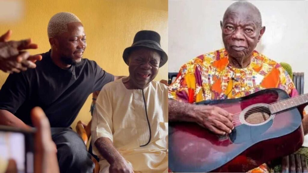 Comedian Brain Jotter sitting and leaning his left hand on Mike Ejeagha's shoulder [left]. Mike holding an acoustic guitar