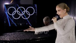 Celine Dion performing at the Olympics Opening Ceremony in Paris