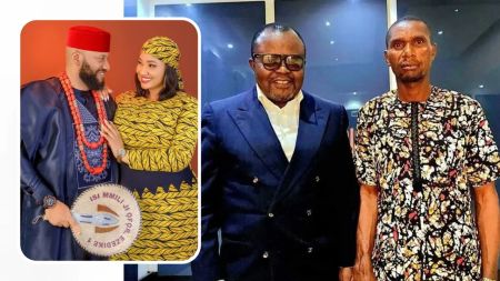 Yul Edochie and his second wife Judy Austin loved-up [left]. Barr. Emeka Ugwuonye and Emmanuel Obasi posed for a photoshoot after their meeting [right]