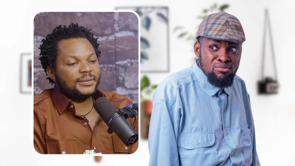 Denilson Igwe speaking in Podcast [left]. Mark Angel posed standing and depicting a funny face [right]