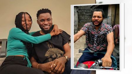 Emmanuella and Mark Angel sit while she folds her hands round his neck [left] Denilson Igwe sitting on a bike