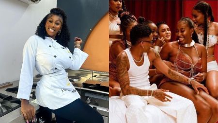 Queen Nelly in her chef attire [left]. Nelly with Wizkid during video shoot [right]