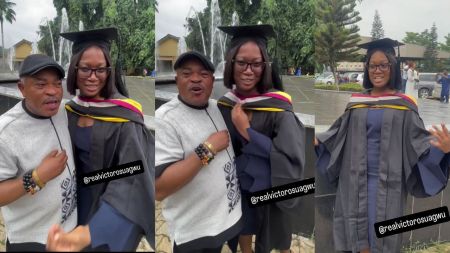 Actor Victor Osuagwu hugs his daughter after graduation from a Nigerian university