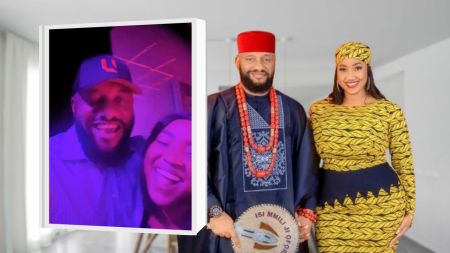 Yul Edochie and his second wife Judy Austin at the nightclub [left]. Yul and Judy posed in a photoshoot [right]