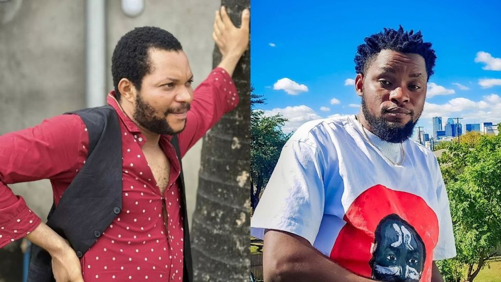 Denilson Igwe standing and leaning left hand on a tree [left]. Mark Angel's headshot [right]