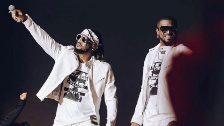 Twin brothers and music duo Psquare (Rudeboy and Mr. P) perform on stage