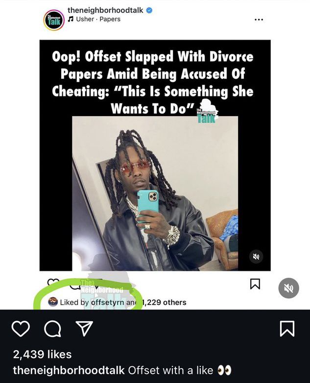 Screenshots showing Offset's like to a post about Cardi B's divorce filing