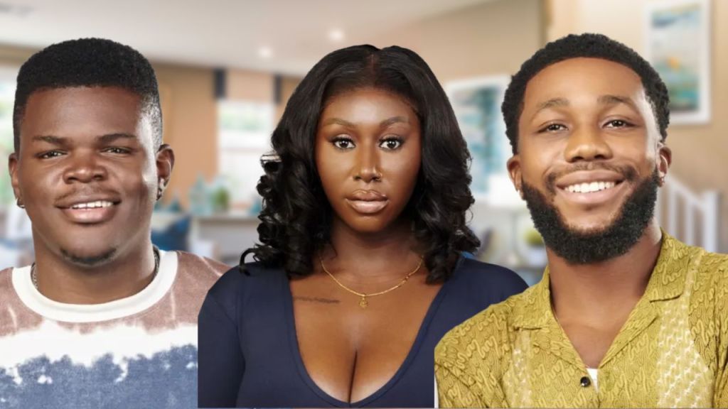 Headshots of BBNaija stars Mayor Frosh (left), Queen Nelly (middle), Sooj (right)