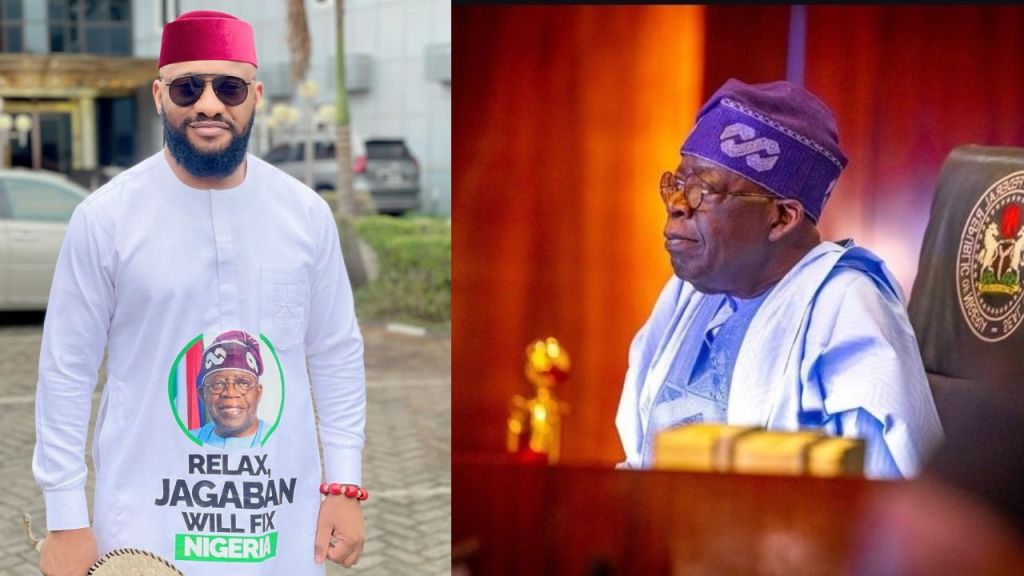 Yul Edochie wearing Tinubu-themed dress [left]. Headshot of President Tinubu