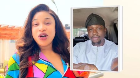 Actress Tonto Dikeh talking [left]. Verydarkman sitting in a car [right]
