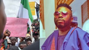 A protester holding a placard that read, “Hunger Dey Naija“ [left]. Samklef [right]