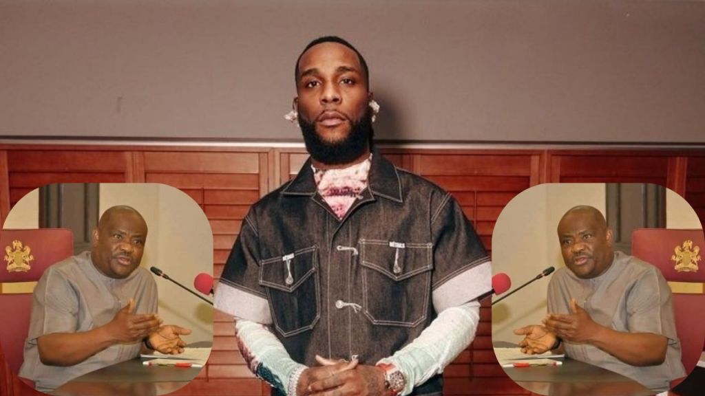 Burna Boy standing [middle]. Nyesom Wike collaged [left and right]