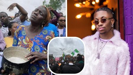 A Twitter composite of a protester holding an empty pot [left] and the singer Oxlade