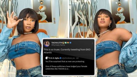 Composite of BBNaija star Tachs and screenshot of her Twitter post.