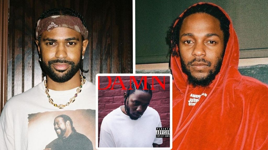 Composite of rappers Big Sean and Kendrick Lamar, plus Lamar's album Damn's artwork