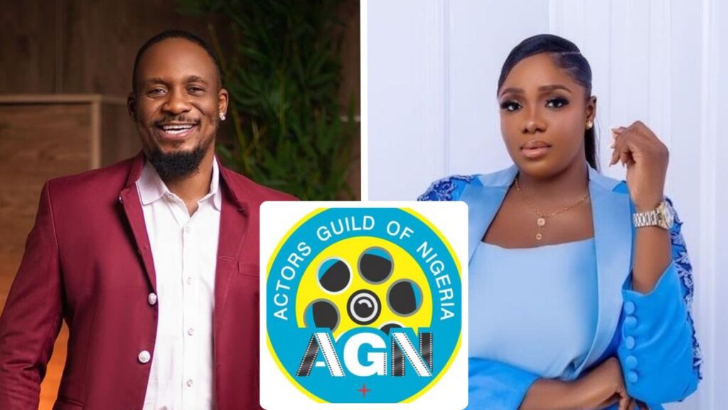 Late actor Junior Pope [left] and movie producer Adanma Luke [right]. AGN logo [middle]