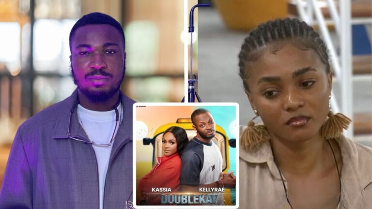 Composite of BBNaija stars Toby Forge and Kassia [left and right]. Kellyrae and Kassia [middle]