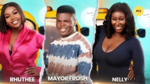 Three collages of BBNaija stars Rhuthee [left], Mayor Frosh [middle] and Nelly [right]