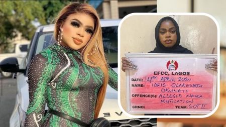 Bobrisky holding an EFCC mugshot [right]
