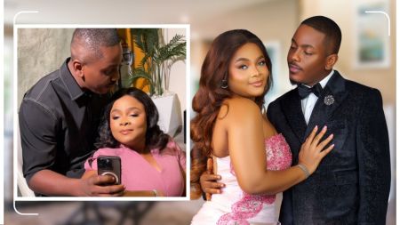 Composite of Nollywood stars Timini Egbuson and Bimbo Ademoye