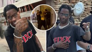 Composite of rapper Travis Scott. Snapshot of Parisian Police taking Travis away